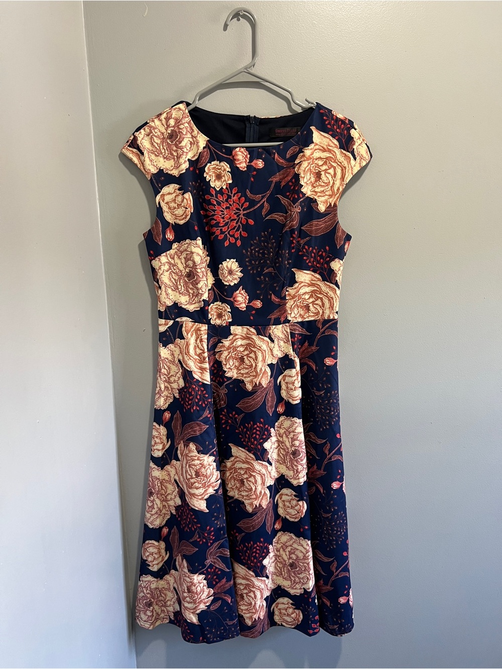 Floral Navy Fit & Flare Dress with Cream Roses